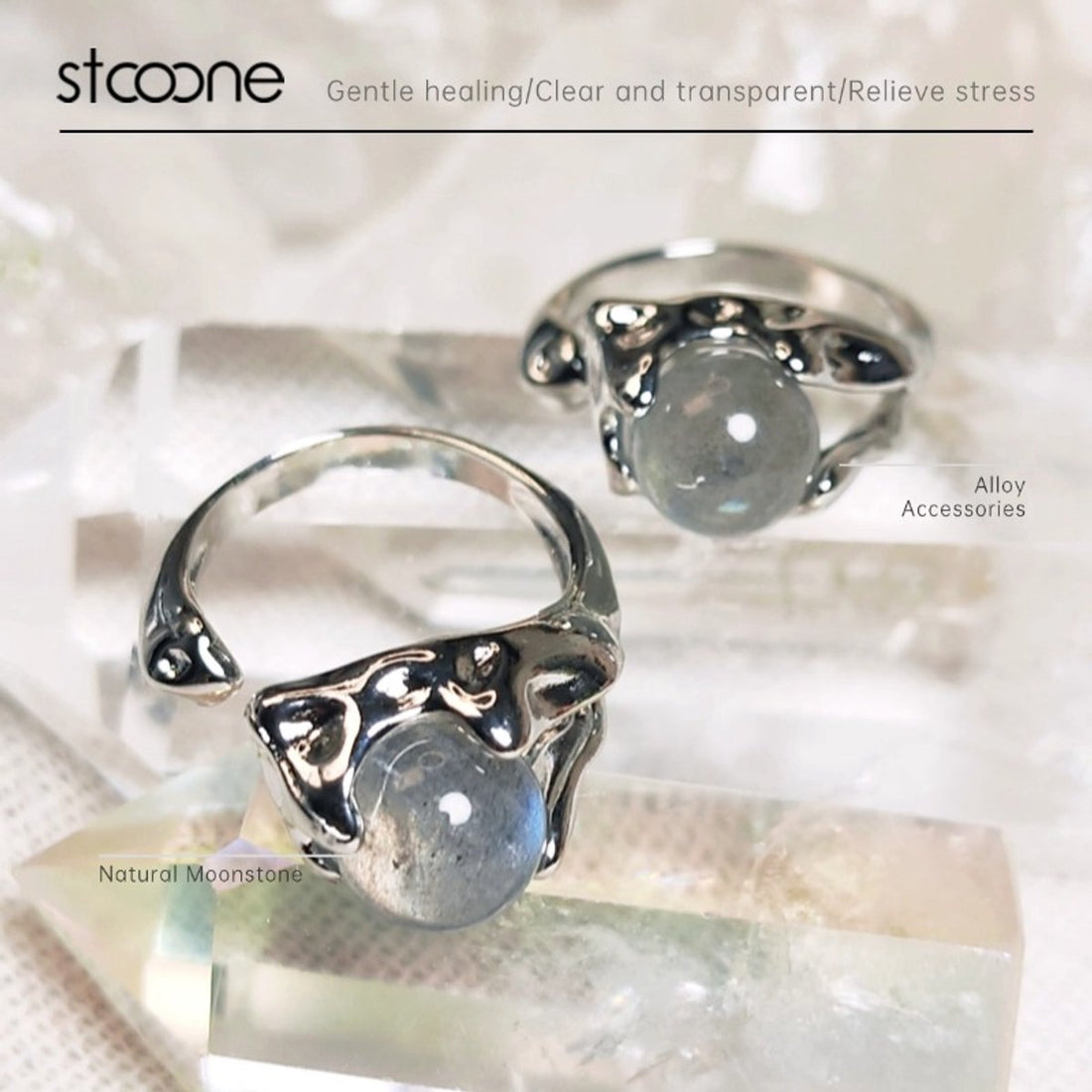 Stooone Moonstone Ring – Natural Crystal Jewelry – Handmade Adjustable Alloy Ring – Healing Stone for Women & Unique Gift