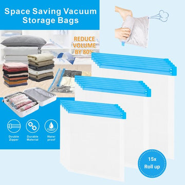 SpaceSaver Roll-Up Vacuum Storage Bags 15pc Travel Set – Save 80% Space