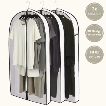 WinFong 3D Garment Bags – Set of 3 Clothes Covers with 10cm Side Gusset, Breathable & Water-Resistant, Wrinkle-Free Storage for Suits, Dresses & Winter Coats (100cm)