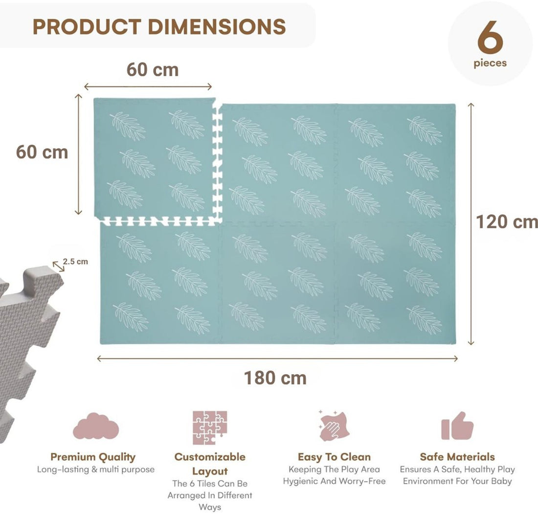 KinderNest Foam Baby Play Mat – 6-Piece Set, Safe, Non-Slip, Soft & Waterproof – Eucalyptus Leaves – 180x120 cm