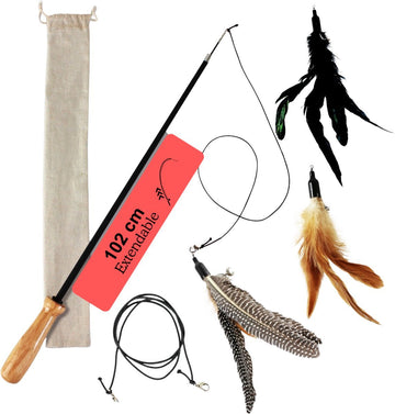 Jooier Premium Feather Cat Wand Toy – Wooden Handle, 3 Interchangeable Feather Attachments, Extendable Wand (up to 102 cm) & Extra Elastic Cord – Interactive Cat Toy for Active Play