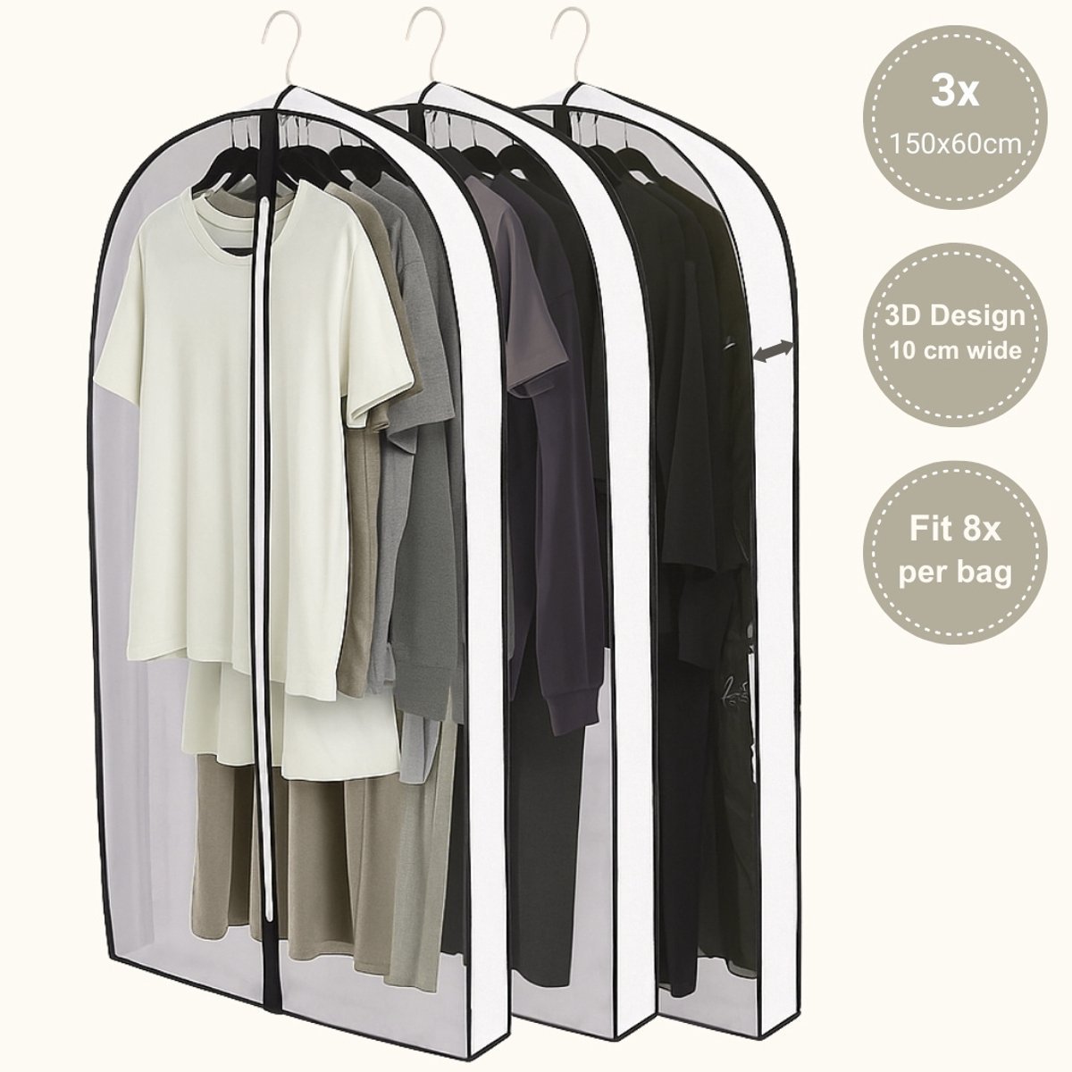 Extra Long Garment Bags with Side Gussets – 150cm Dress Covers for Wedding Dresses, Gowns, Coats & Suits | Set of 3 Breathable PEVA Wardrobe Organizers with 3D Expandable Capacity