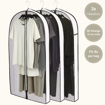 Extra Long Garment Bags with Side Gussets – 150cm Dress Covers for Wedding Dresses, Gowns, Coats & Suits | Set of 3 Breathable PEVA Wardrobe Organizers with 3D Expandable Capacity