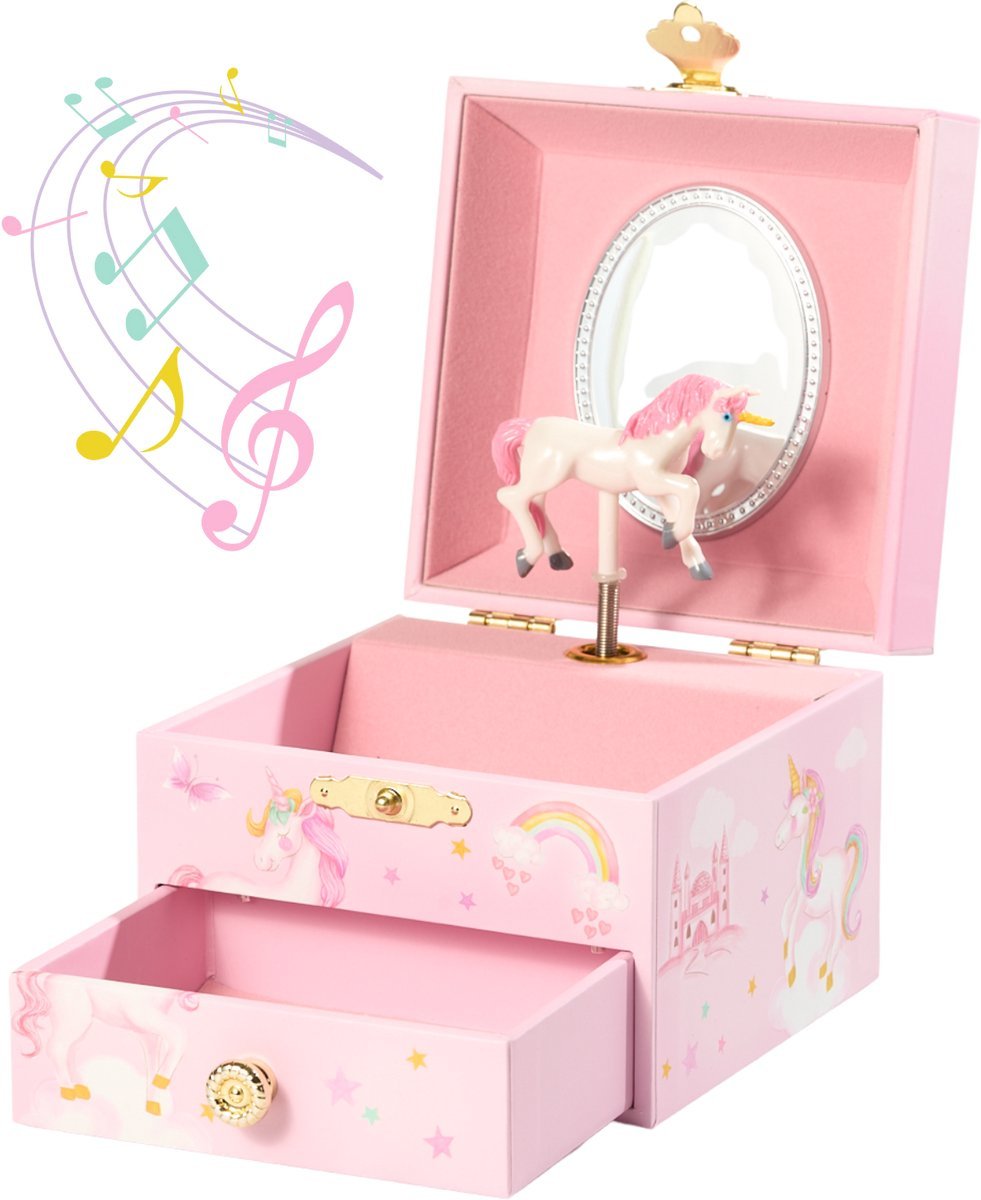 Unicorn Musical Jewelry Box with Drawer – Rainbow Design, Dancing Unicorn Figurine & Twinkle Star Melody – Gift for Girls
