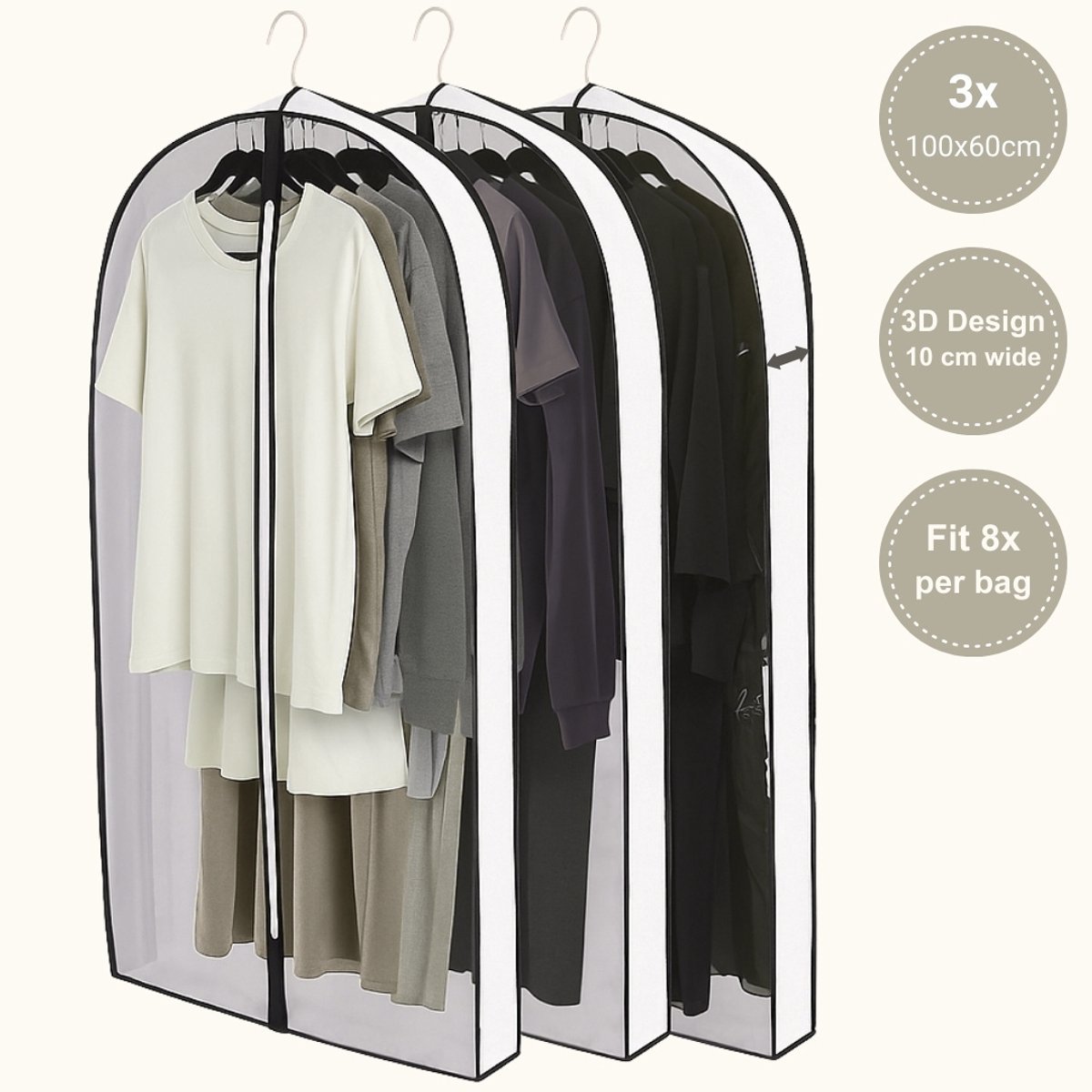 WinFong 3D Garment Bags – Set of 3 Clothes Covers with 10cm Side Gusset, Breathable & Water-Resistant, Wrinkle-Free Storage for Suits, Dresses & Winter Coats (100cm)