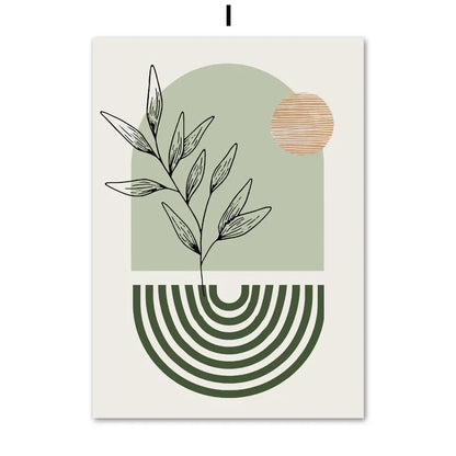 Aaron - Boho Sage Green Plants Abstract Artwork - Geometric Wall Art