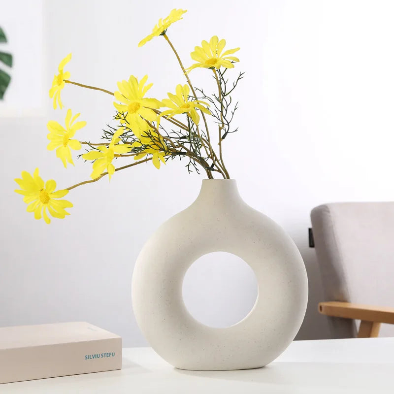 Violet Nordic Ceramic Vase Circular Donut Design White