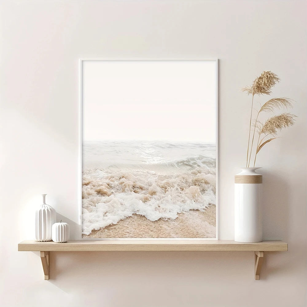 Hannah - Nordic Canvas Painting - White Seascape Botanical Grass