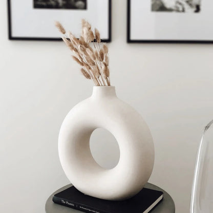 Violet Nordic Ceramic Vase Circular Donut Design White