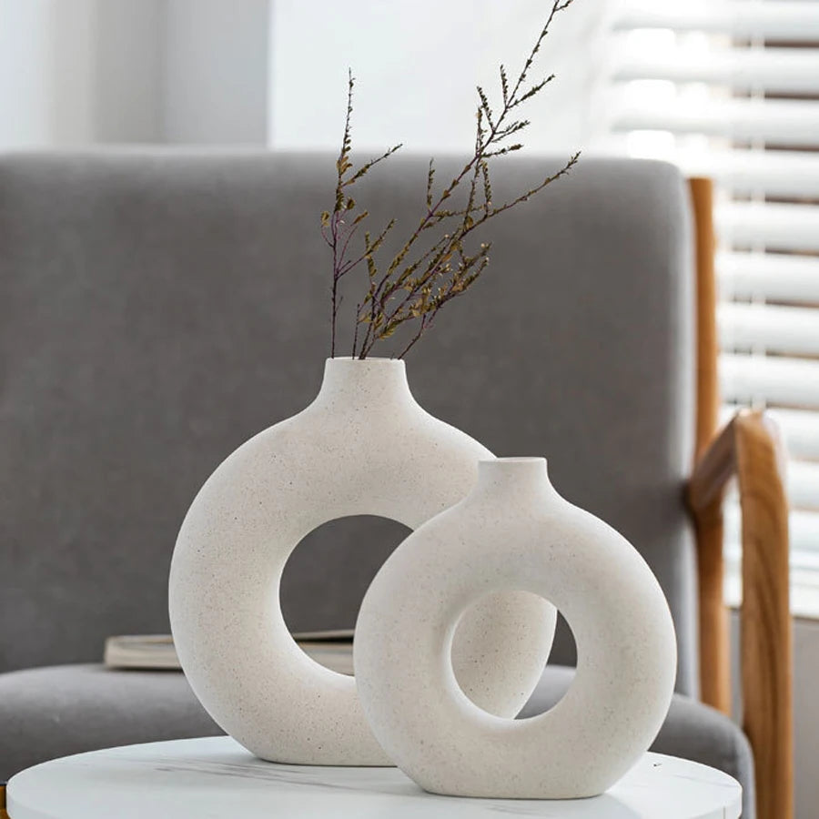 Violet Nordic Ceramic Vase Circular Donut Design White