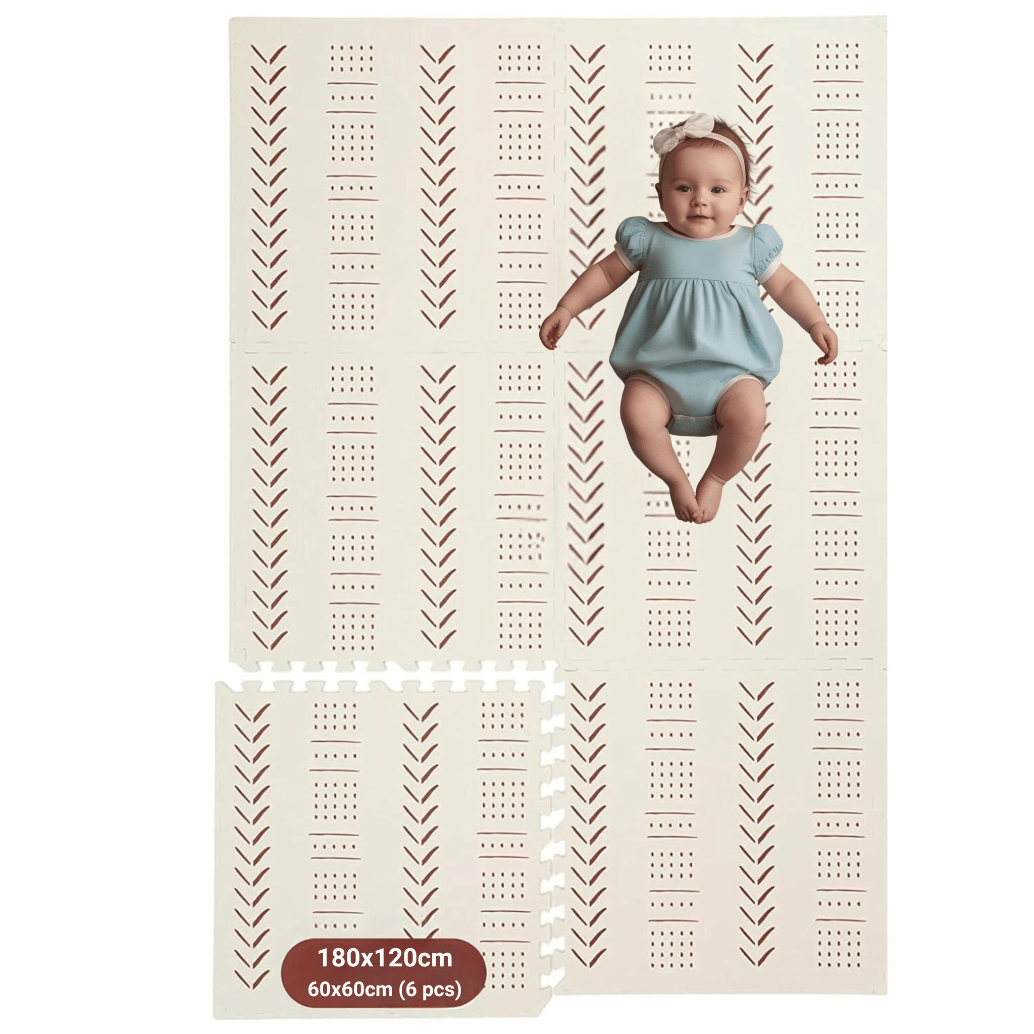 KinderNest Foam Baby Play Mat - 6-Piece, Tested Safe, Non-Slip, Soft & Waterproof Crawling Mat - Beige, 180x120 cm