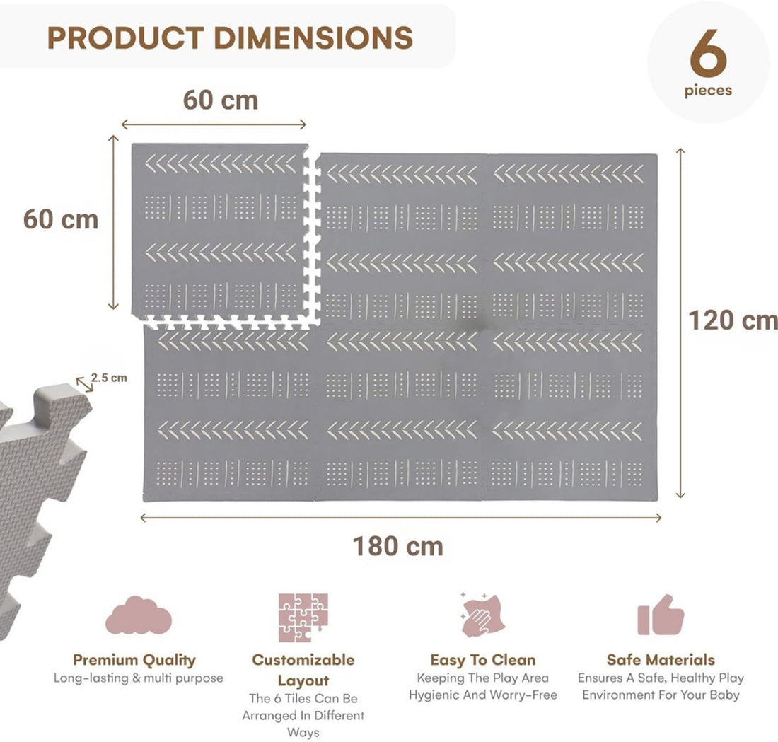 KinderNest Baby Play Mat – Soft Foam Puzzle Floor Mat with Edges, Gender-Neutral, Easy to Clean, Safe for Crawling & Playtime (120x180 cm, Grey)