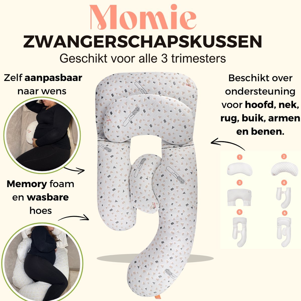 Momie™ Pregnancy Pillow – Full Body Support for Neck, Back & Belly | Adjustable for All Trimesters | Nursing & Maternity Pillow with Memory Foam & Removable Washable Cover