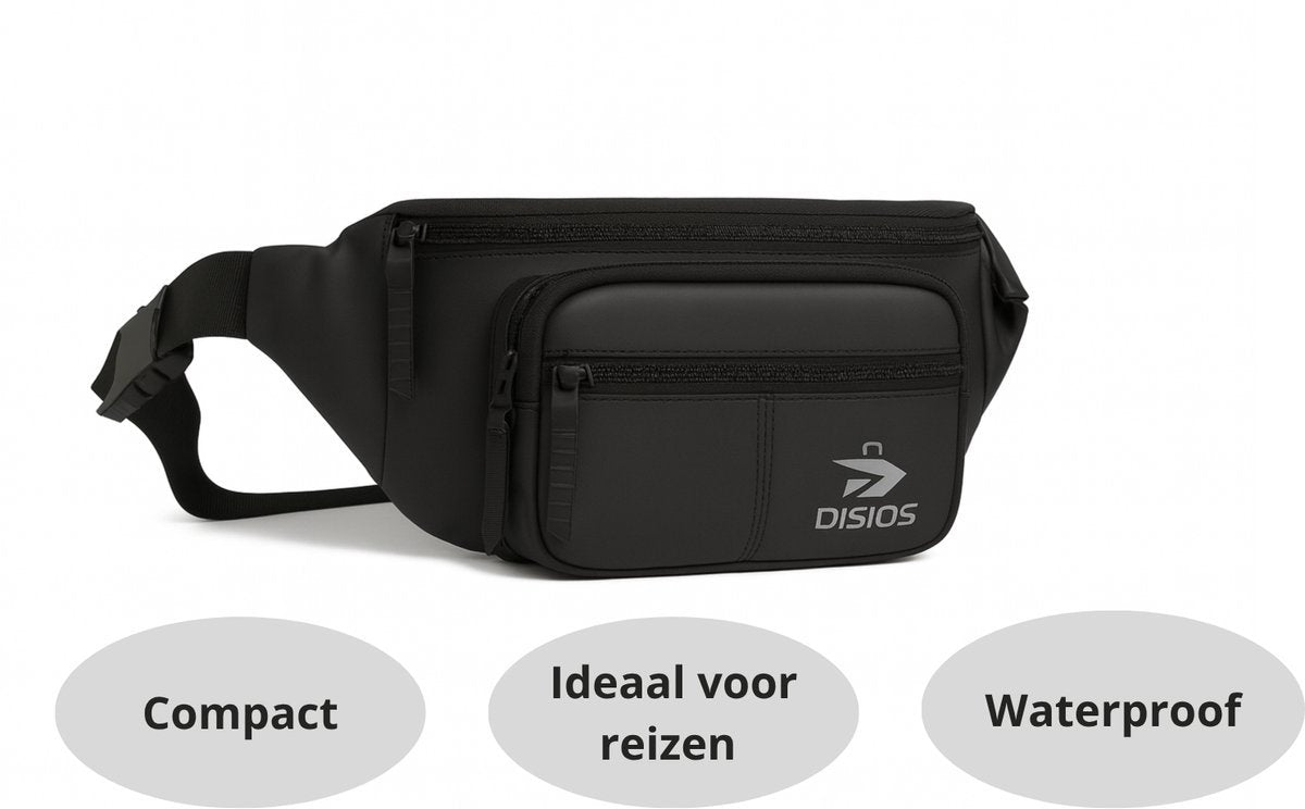 DIS10S Water-Resistant Unisex Travel Hip Bag – Lightweight Money Belt with Adjustable Strap, Secure Zippered Compartments for Passport, Phone, and Valuables – Black