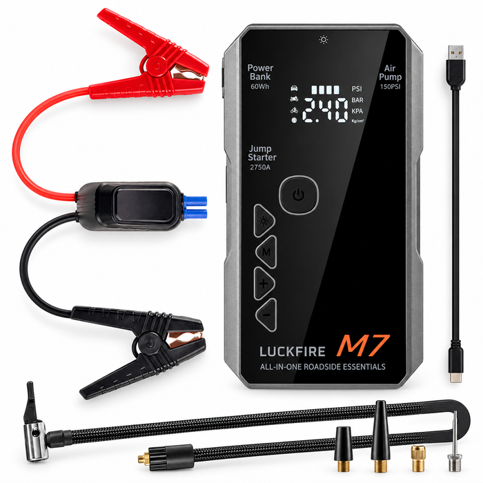 Luckfire M7 jump starter with accessories