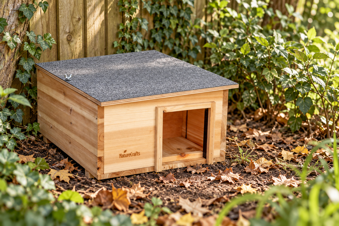 NatureCrafts hedgehog house in an illustrative garden setting